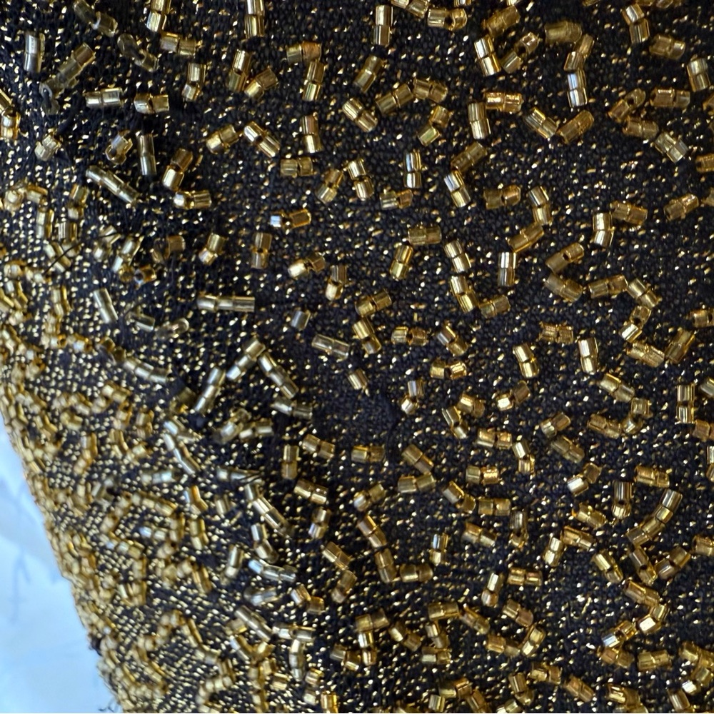 VINTAGE BLACK TIE OLEG CASSINI GOLD BEADED SLEEVELESS MIDI GOWN - Picture 9 of 16